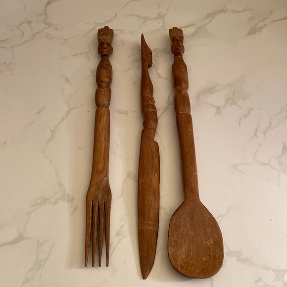 Vintage Wooden Hand Carved Utensils 80's Tribal Decor Kitchen Collectible Wood - Picture 1 of 5